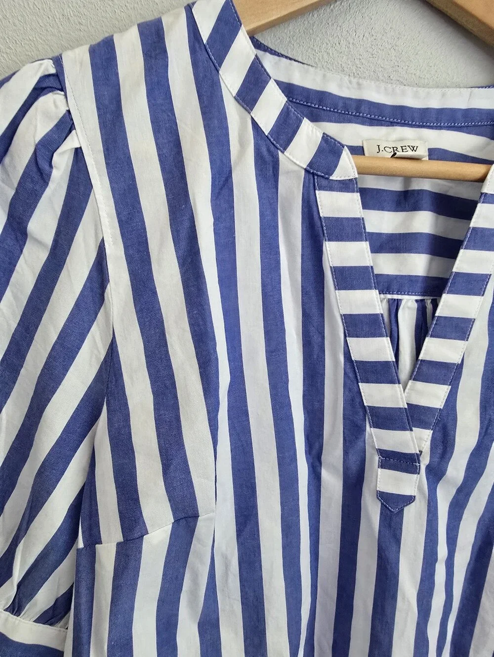 J. Crew Blue and White Vertical-Striped Puff-Sleeve Blouse